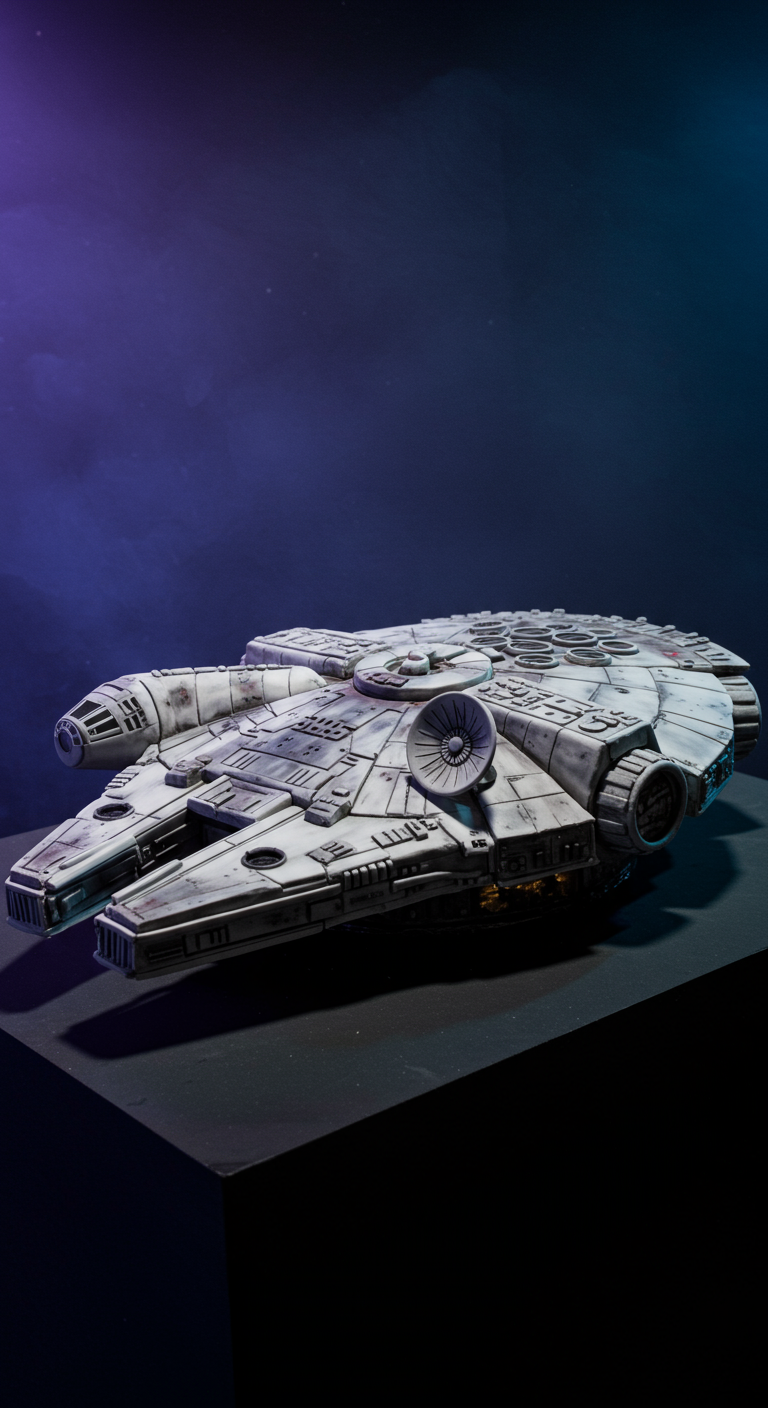 Detailreich modellierte Millennium Falcon Raumschiff-Torte in Grautönen