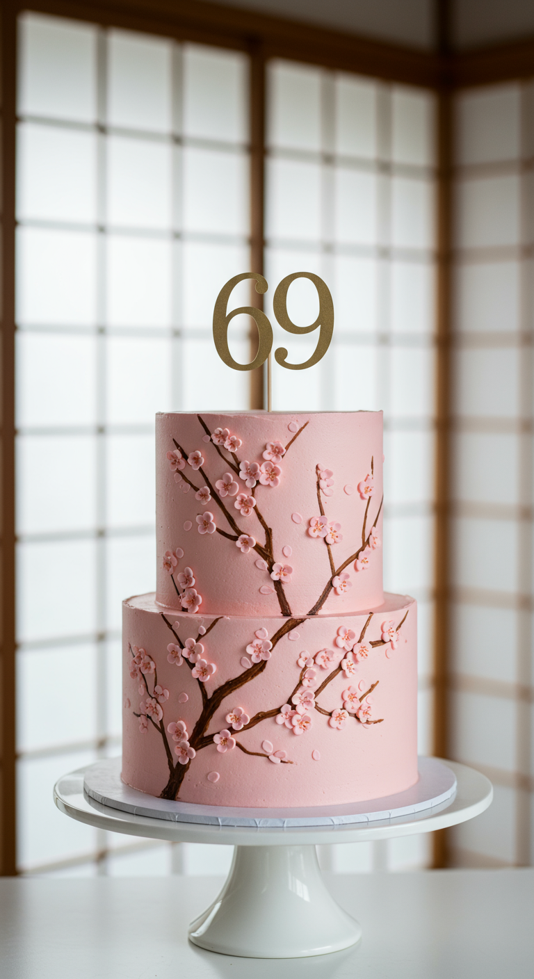 Zweistöckige rosa Torte mit gemalten Kirschblütenzweigen und goldener Zahl 69.