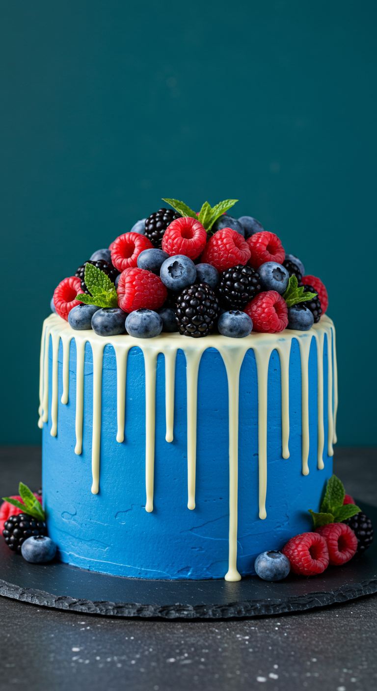 Leuchtend blaue Torte mit weißem Schoko-Drip und einem Berg frischer Beeren obenauf.