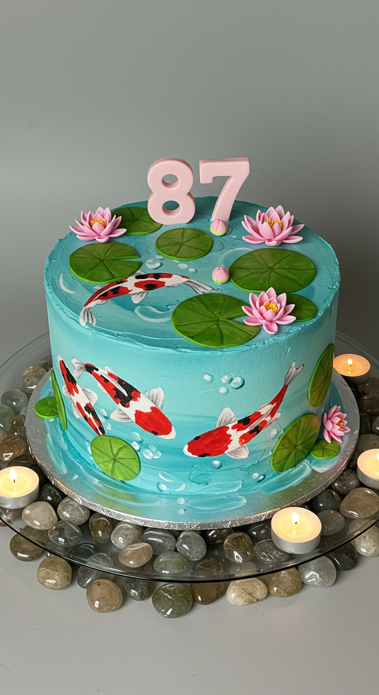 Blaue Torte mit gemalten Koi-Karpfen, Seerosen und rosa Kerzenzahl 87.