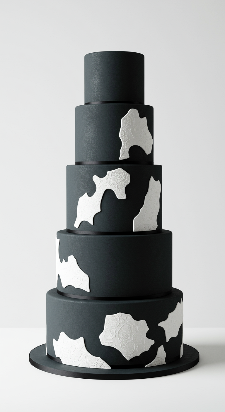 Hohe, mehrstöckige schwarze Torte mit unregelmäßigen weißen, texturierten Flecken.