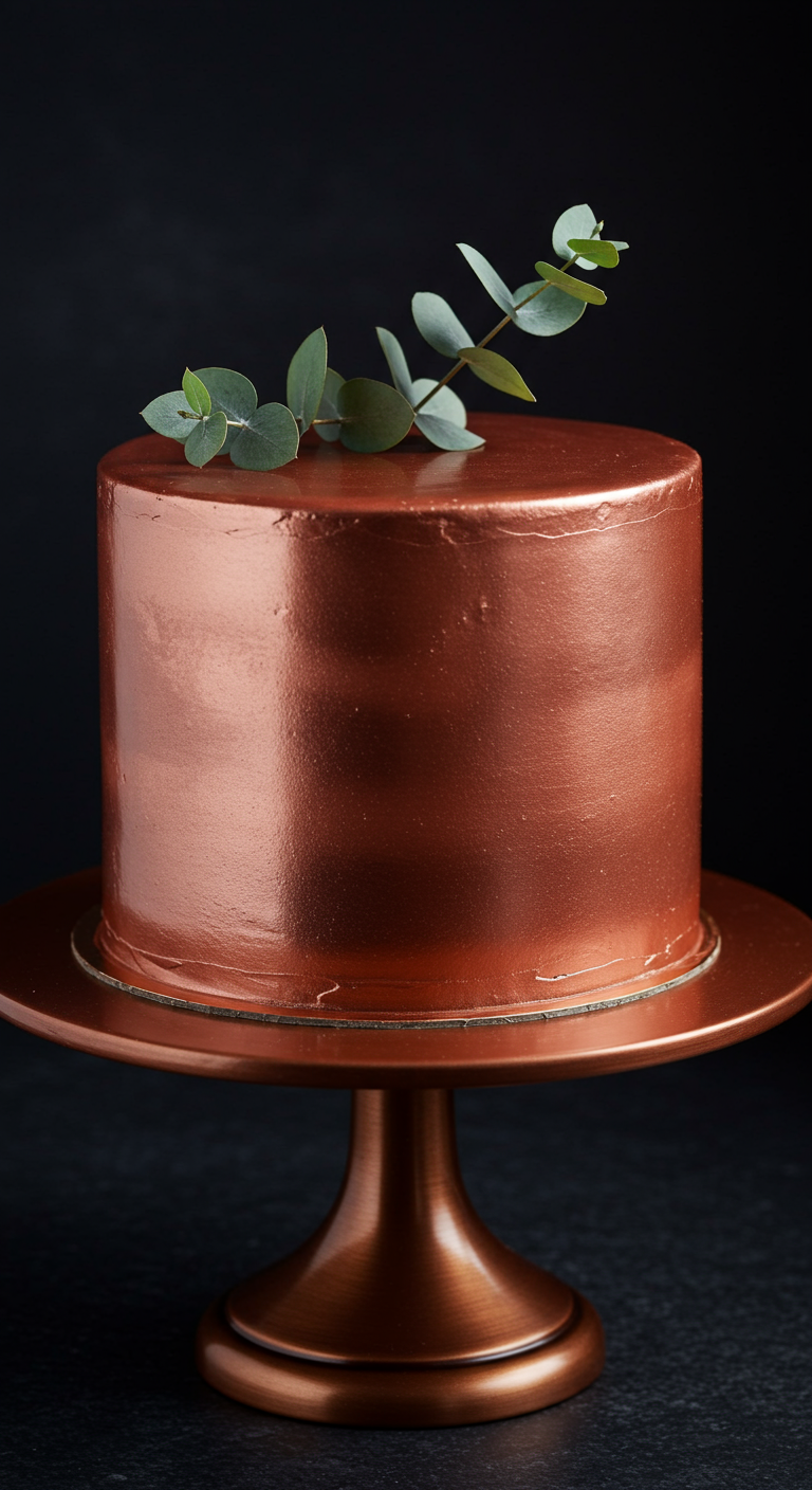 Kupferfarben glänzende Torte mit einem Eukalyptuszweig als Deko.