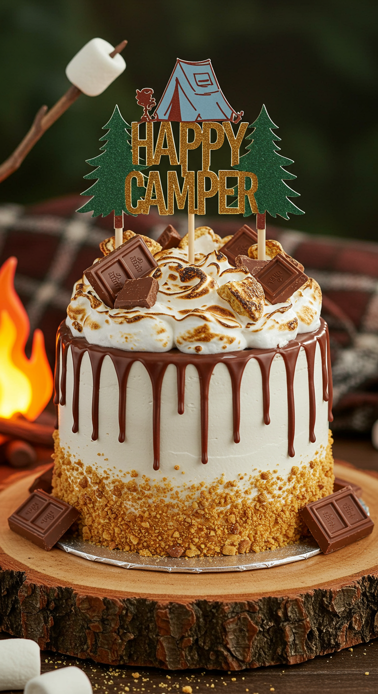 S'mores-Torte mit abgeflämmter Marshmallow-Creme, Schokodrip und 'Happy Camper'-Topper.