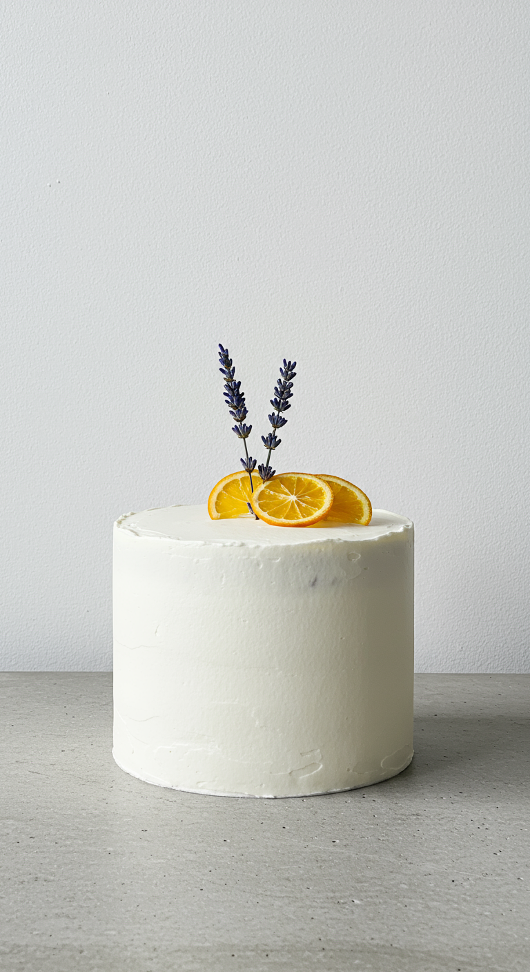 Minimalistische weiße Torte mit Lavendelzweigen und drei getrockneten Orangenscheiben.