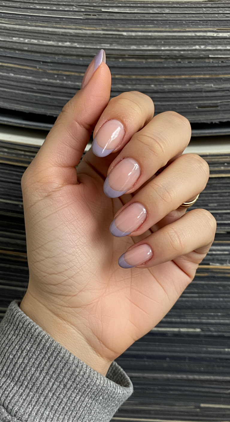 Ovale Nägel mit transparenter Nude-Basis und lavendelfarbenen French-Tips.