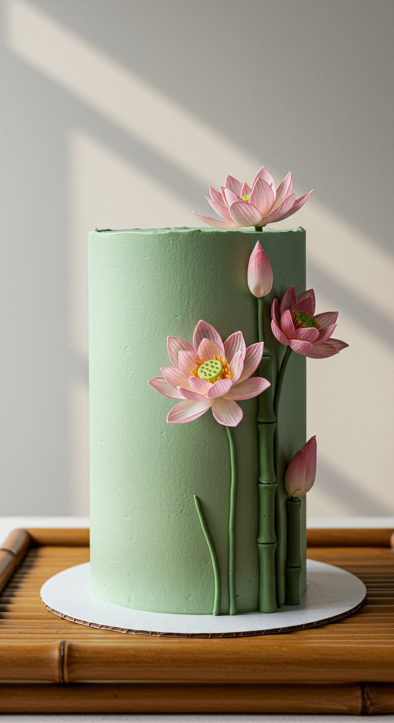 Hohe, mintgrüne Torte mit aufstrebenden rosa Zucker-Lotusblüten und Bambus-Elementen.
