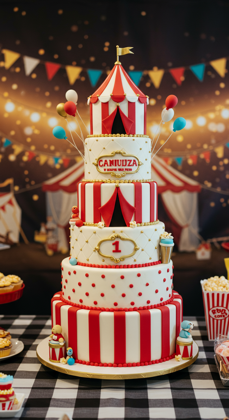 Mehrstöckige Zirkuszelt-Torte in Rot-Weiß mit goldenen Details und Zirkusfiguren.