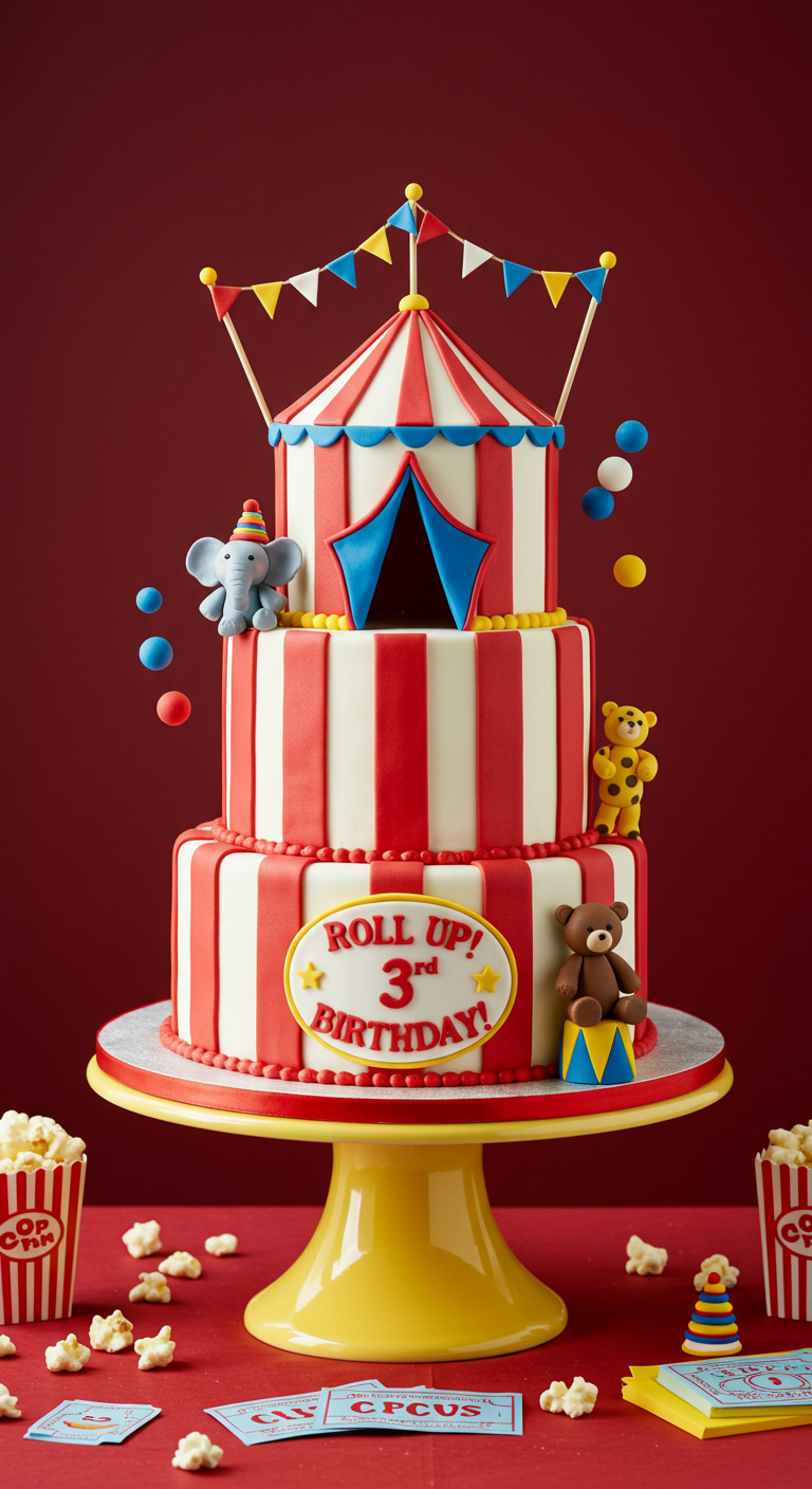 Dreistöckige Zirkuszelt-Torte in Rot-Weiß mit Tierfiguren.
