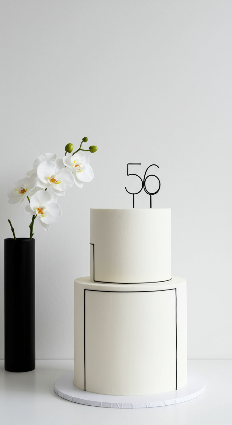 Moderne zweistöckige weiße Torte mit minimalistischen schwarzen Linien und Orchidee.