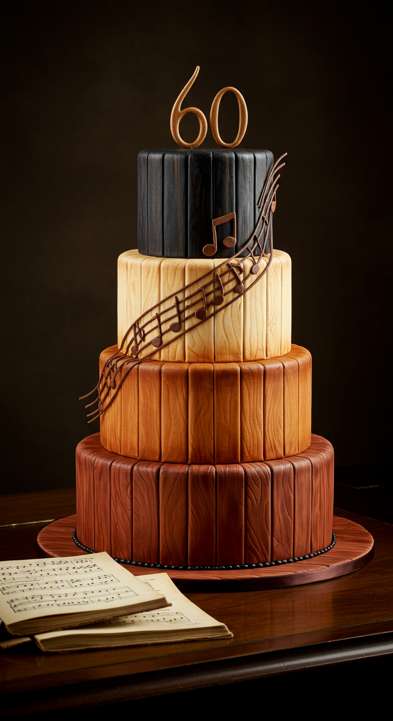 Mehrstöckige Torte in Holzoptik mit Notenlinien und einer goldenen 60.