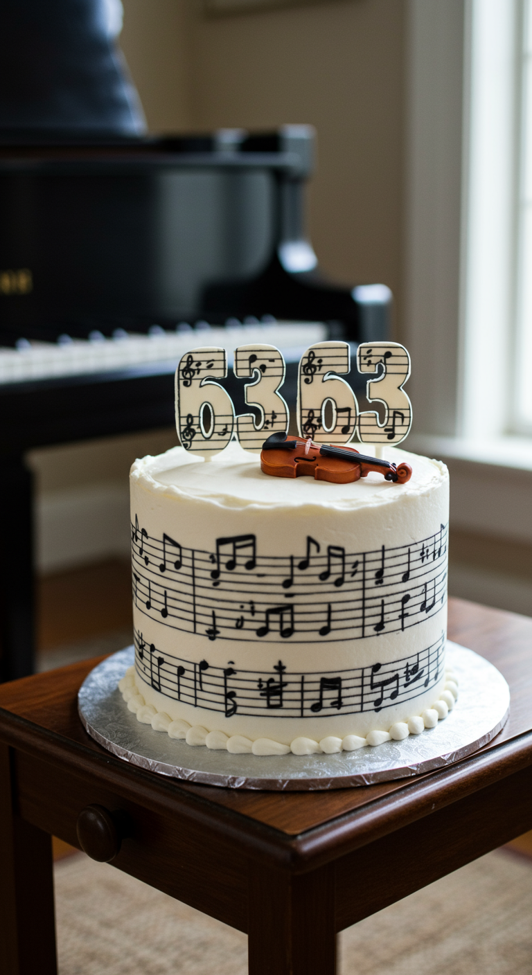 Weiße Torte mit schwarzen Notenlinien, einer kleinen Geige und einem 63-Topper aus Noten.