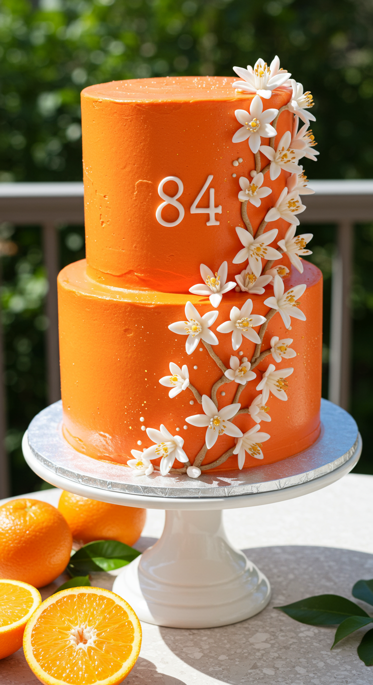 Zweistöckige orangefarbene Torte mit weißen Orangenblütenranken und Zahl 84.