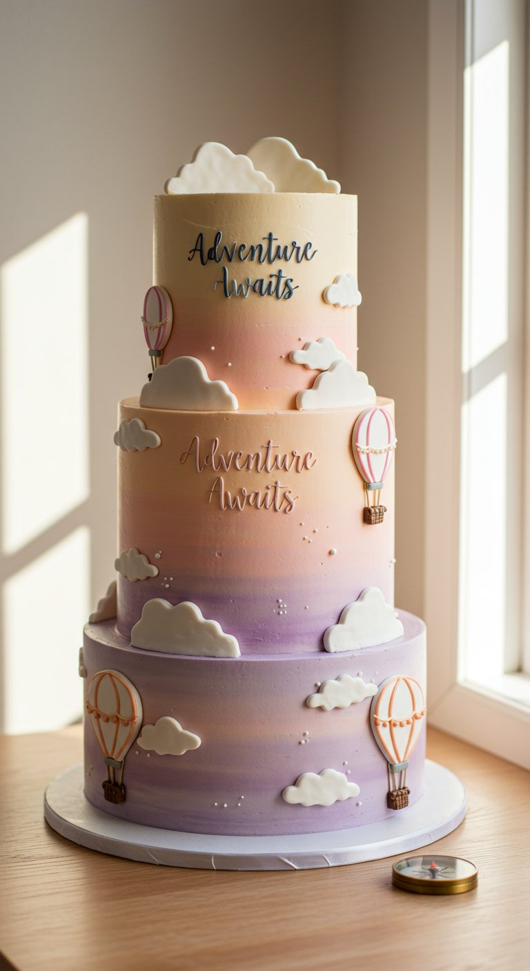 Dreistöckige Torte mit Pastell-Ombré-Verlauf, Wolken und Heißluftballons.