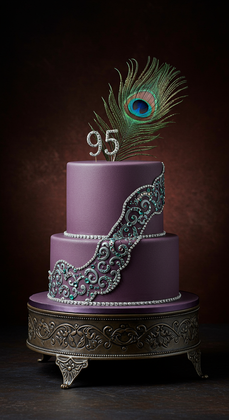 Zweistöckige lila Torte mit Pfauenfeder, Glitzerornamenten und „95“-Topper.