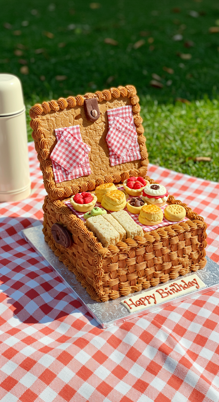 Torte in Form eines offenen Picknickkorbs, gefüllt mit Miniatur-Leckereien.