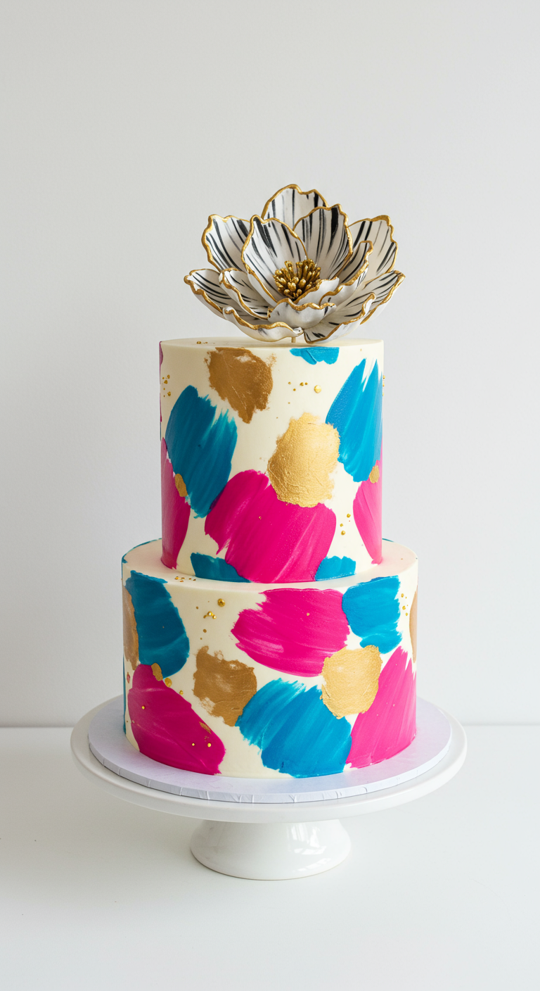 Zweistöckige weiße Torte mit abstrakten Pinselstrichen in Pink, Türkis, Gold und einer modernen Blüte.