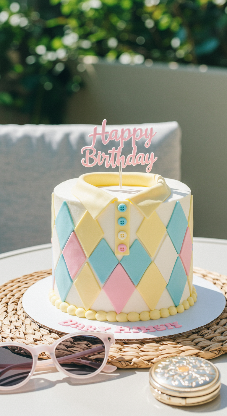 Runde Torte, die wie ein pastellfarbenes Polohemd mit Argyle-Muster aussieht.
