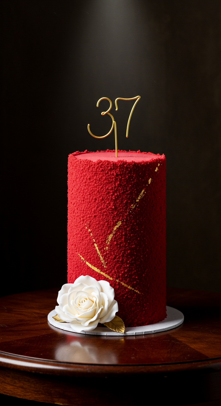 Rote Samttorte mit goldenen Pinselstrichen, weißer Rose und goldenem „37“-Topper.