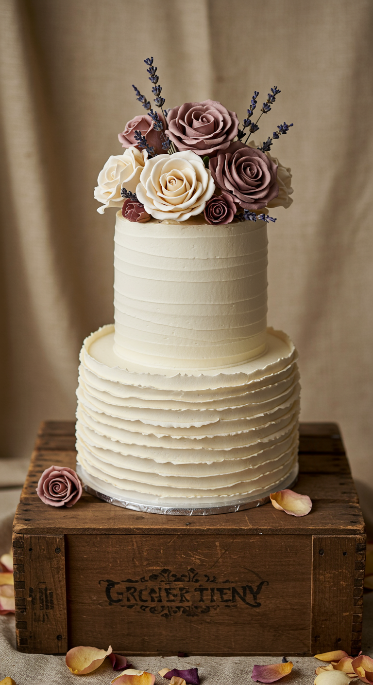 Zweistöckige cremefarbene Torte mit rustikaler Buttercreme-Textur, dekoriert mit Rosen und Lavendel, auf Holzkiste.