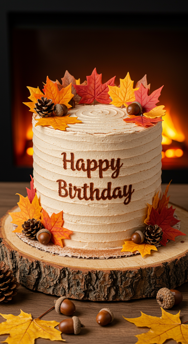 Cremefarbene Torte mit Herbstlaub, Zapfen und „Happy Birthday“-Schriftzug aus Kakao.