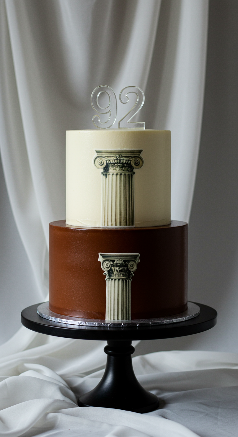Zweistöckige Torte mit antiken Säulen-Abbildungen und transparenter Zahl 92.