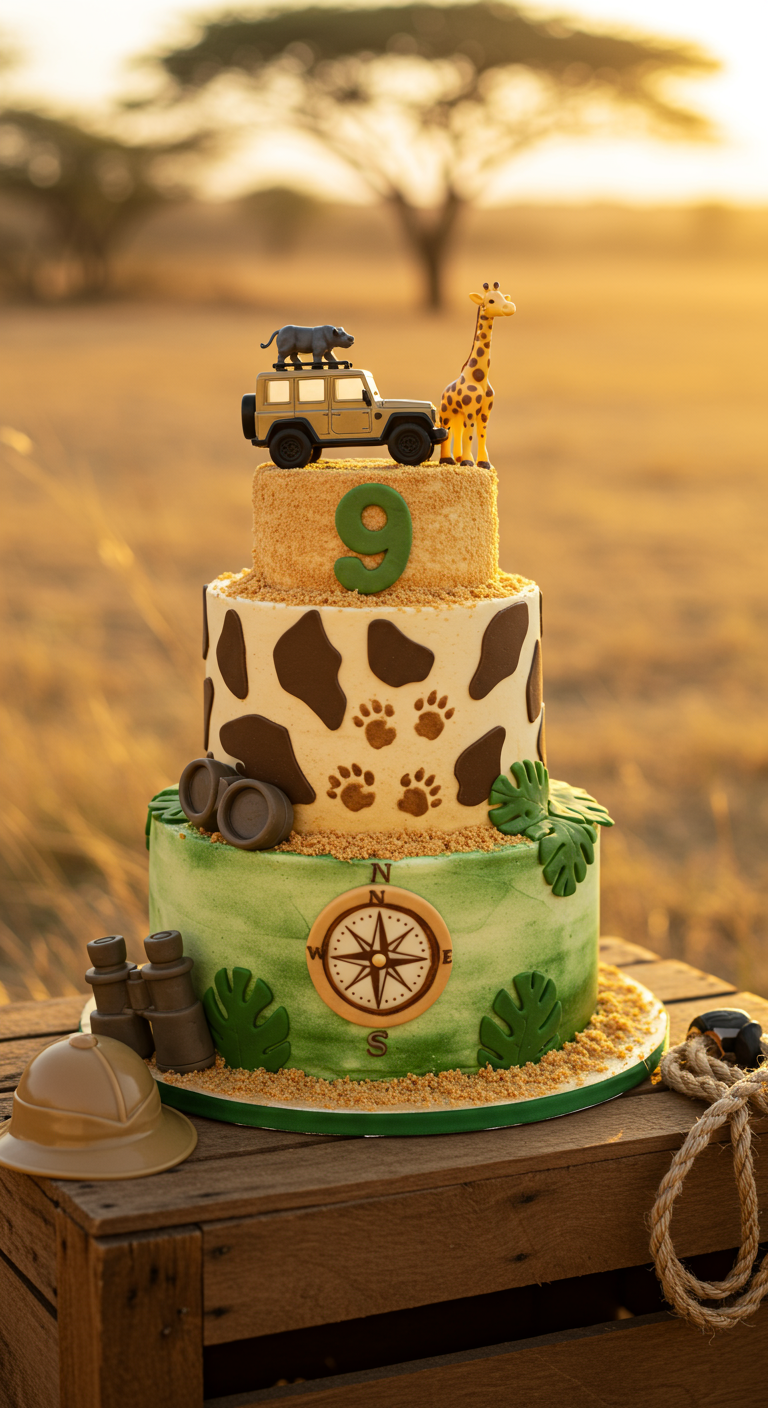 Zweistöckige Safari-Torte mit Tierfellmuster, Jeep-Topper, Giraffe und Kompass-Deko.