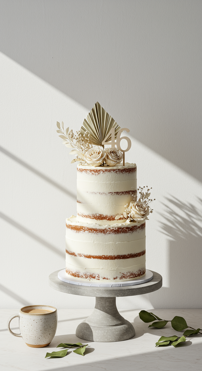 Zweistöckige Semi-Naked Cake mit cremefarbenen Rosen und heller Trockenfloristik.