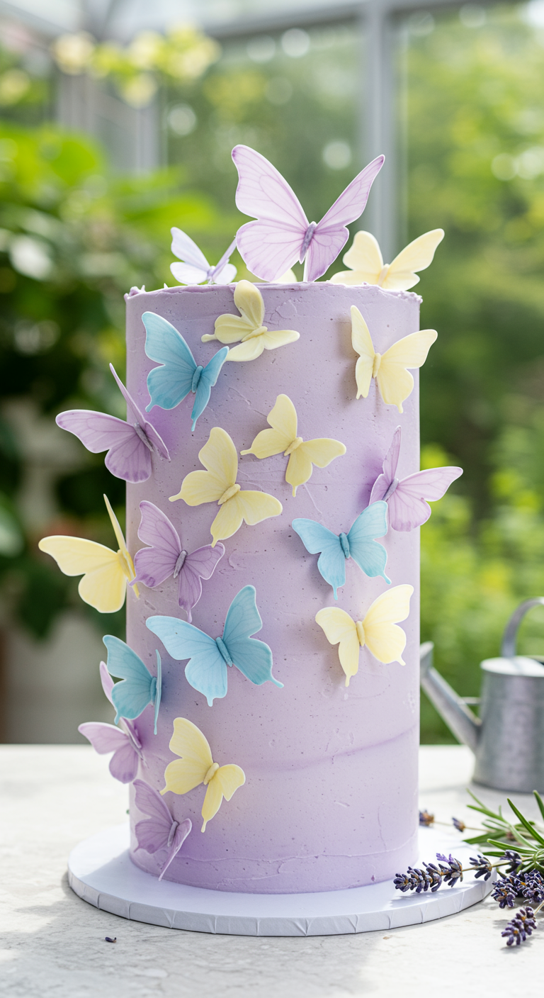 Hohe, helllila Torte, dekoriert mit vielen bunten Esspapier-Schmetterlingen.