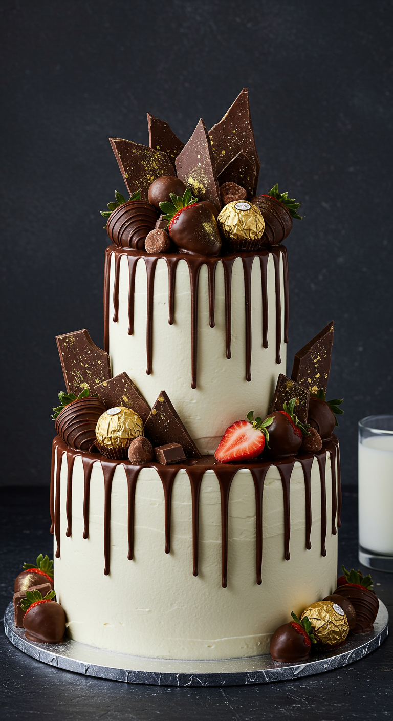 Zweistöckige Torte mit weißer Creme, Schokoladen-Drip, Erdbeeren und Ferrero Rocher.