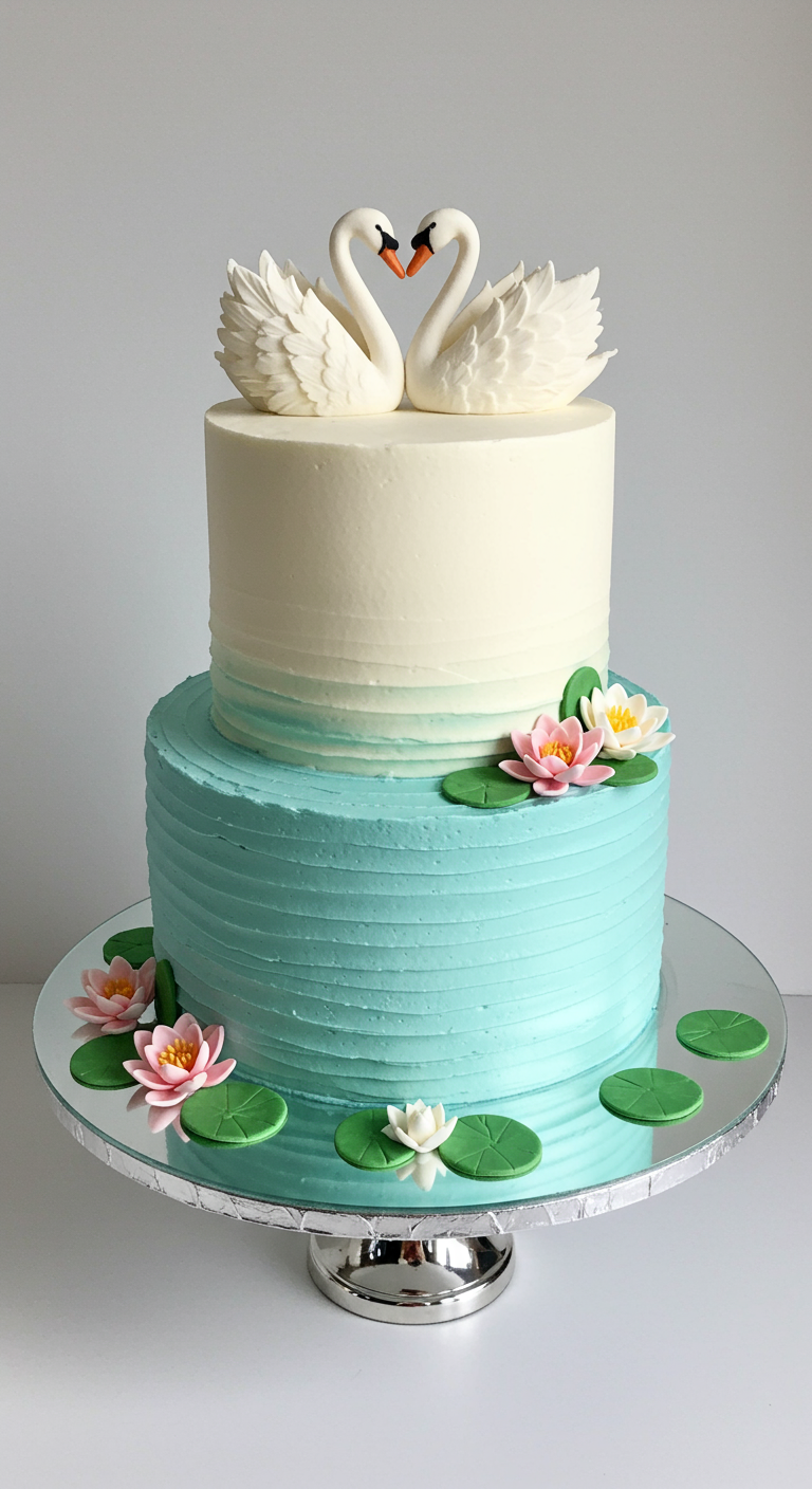 Zweistöckige Torte mit Schwanenpaar und Seerosen auf blau-weißem Grund
