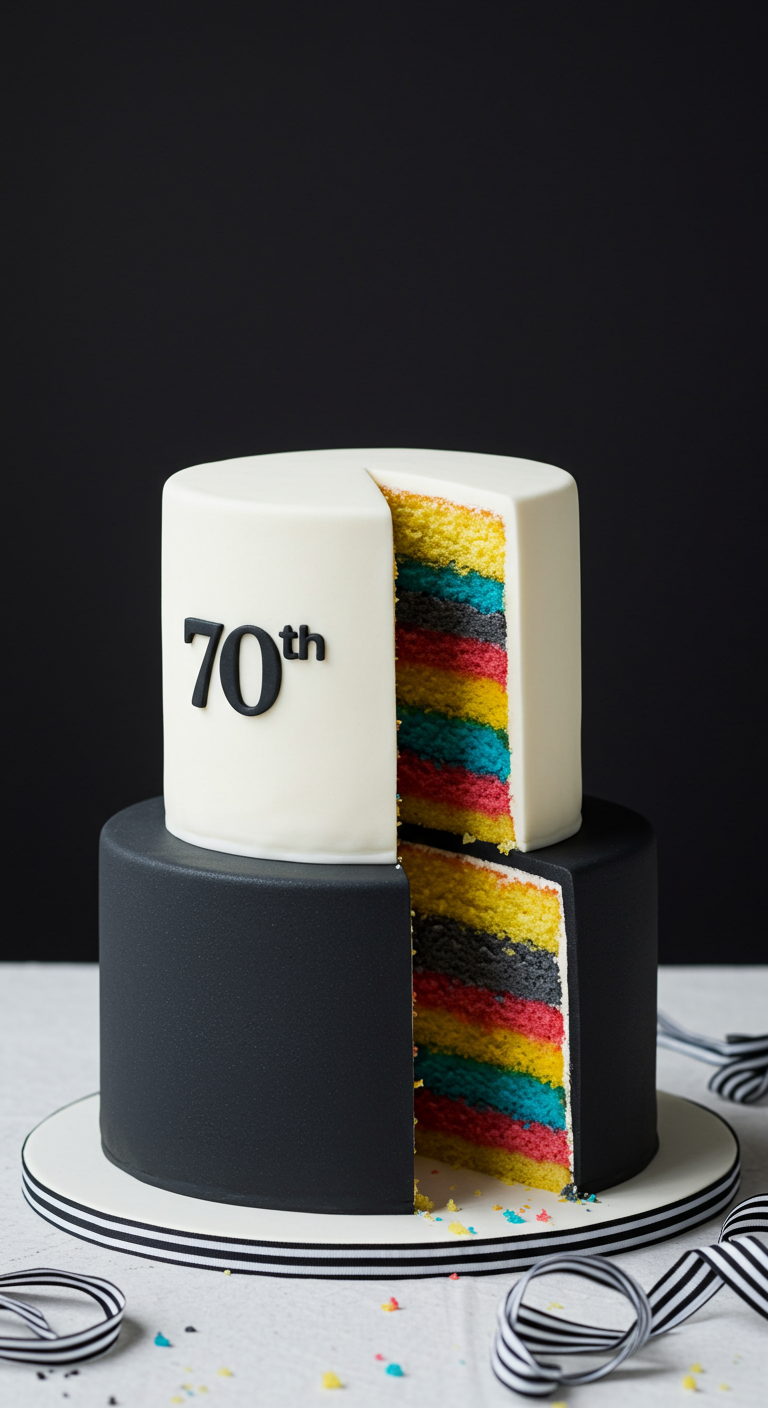 Zweistöckige Torte, obere Etage weiß, untere schwarz. Angeschnitten zeigt sie bunte Teigschichten.