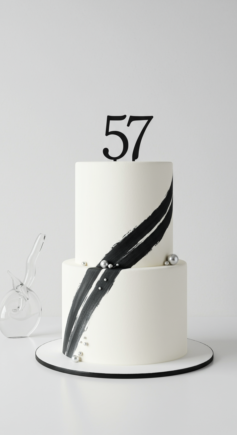 Zweistöckige weiße Torte mit einem breiten schwarzen Pinselstrich und Silberperlen.