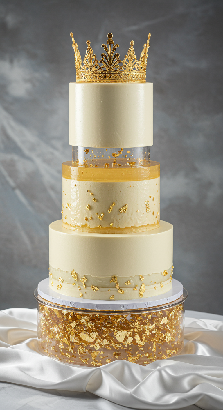 Hohe, cremeweiße Torte mit Goldflocken, getrennt durch klare Zylinder mit Gold, gekrönt von einer Goldkrone.