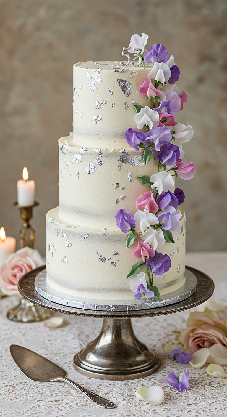 Dreistöckige Semi-Naked Torte mit rosa-lila Wickenranke und Silberflocken, Zahl 53