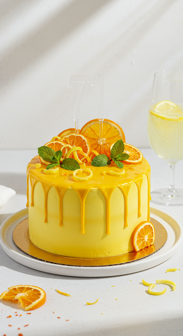 Gelbe Torte mit gelbem Drip, Orangenscheiben, Minze und transparentem
