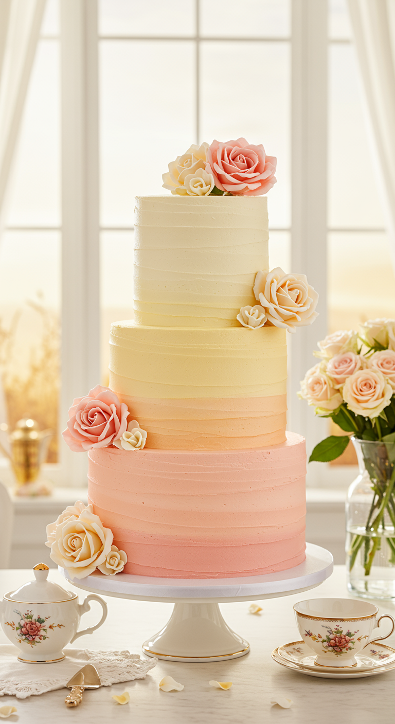 Dreistöckige Ombré-Torte von Rosa zu Gelb mit dezent platzierten pfirsich- und cremefarbenen Rosen.
