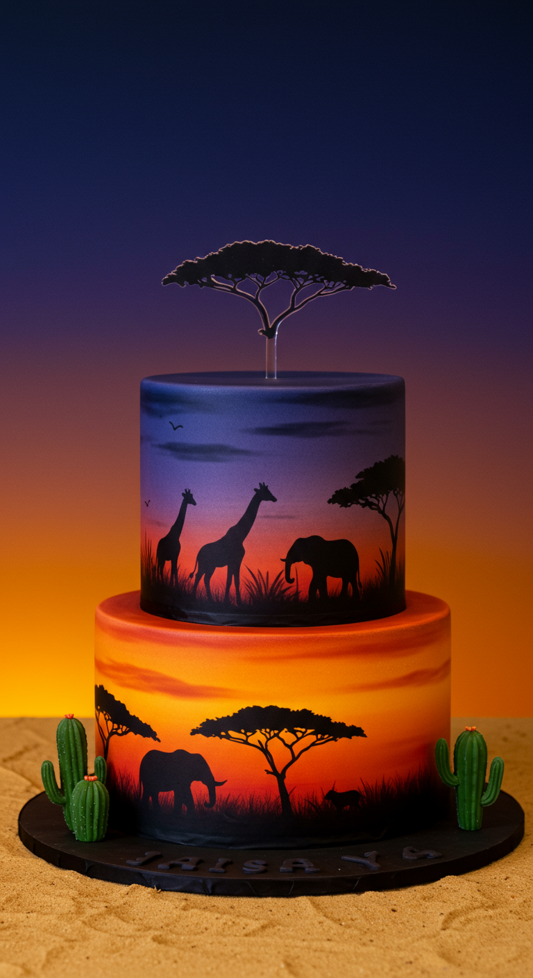 Zweistöckige Torte mit Airbrush-Safari-Sonnenuntergang und Tier-Silhouetten.