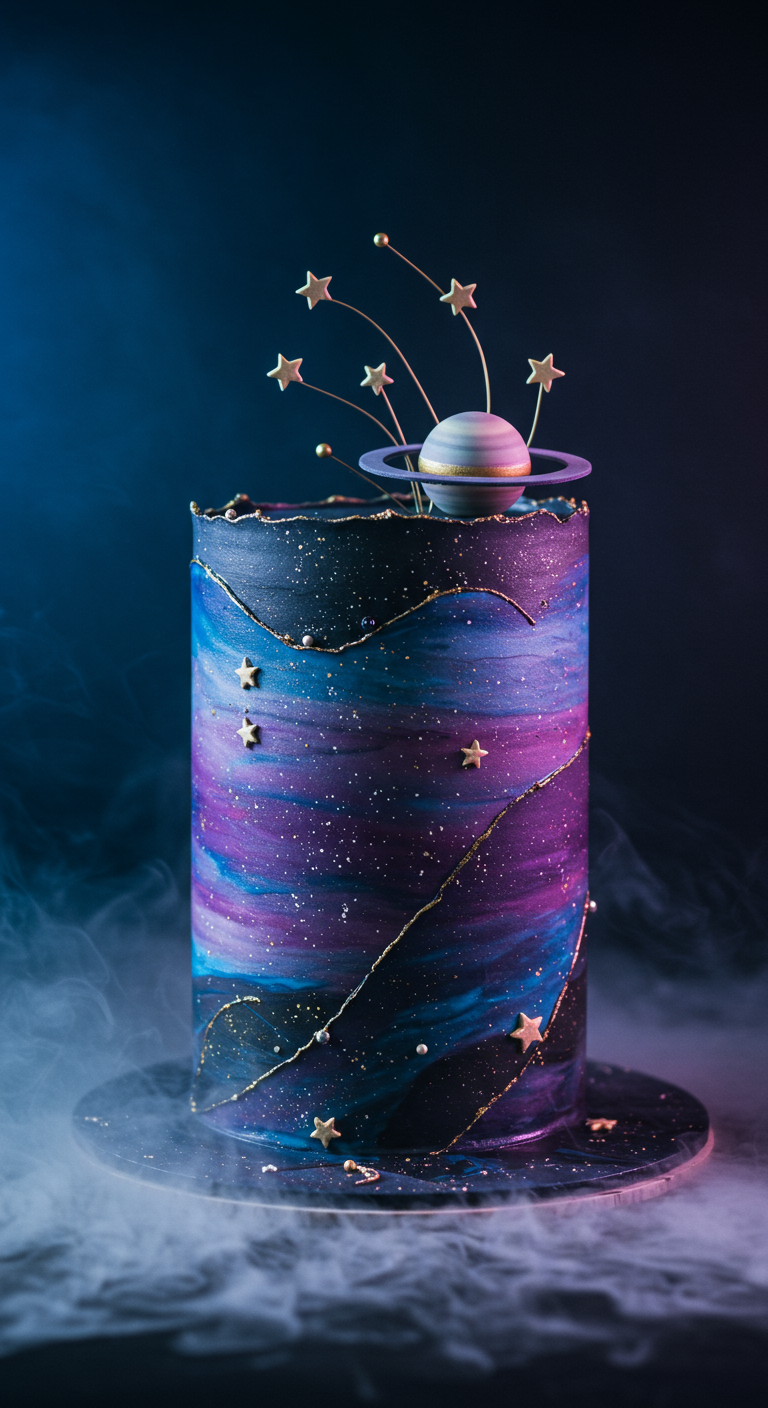 Dunkle Torte mit Galaxie-Effekt in Pink, Lila, Blau, goldenen Sternen und Planeten-Topper.