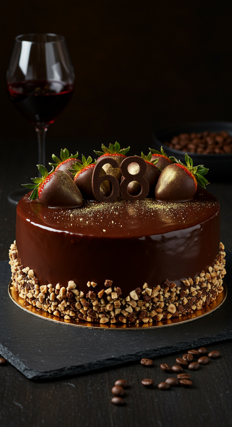 Schokotorte mit Spiegelglasur, schokolierten Erdbeeren, Nüssen und