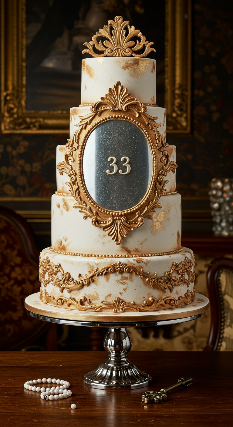 Vierstöckige weiße Torte mit goldenen Barock-Ornamenten, ovalem Spiegel und Zahl 33.