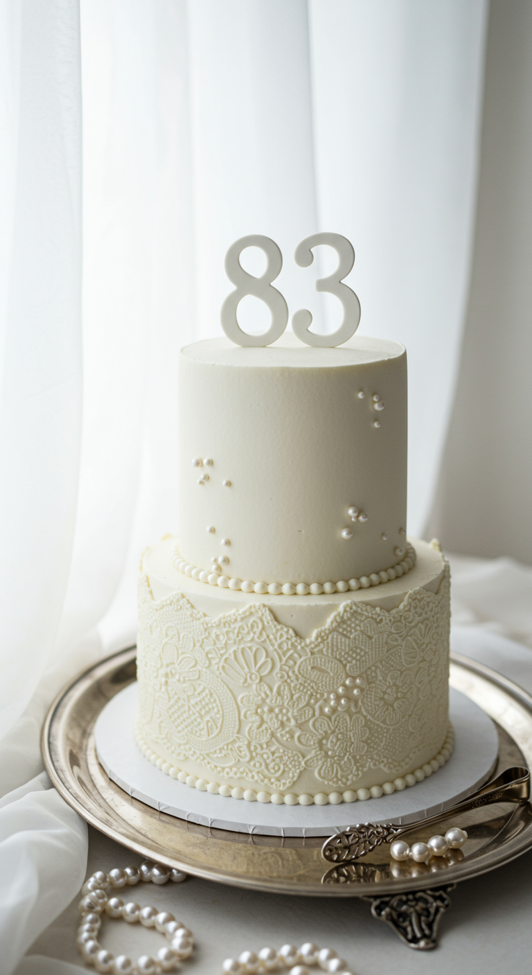 Zweistöckige weiße Torte mit filigranem Spitzenmuster und Perlen, Zahl 83 Topper.
