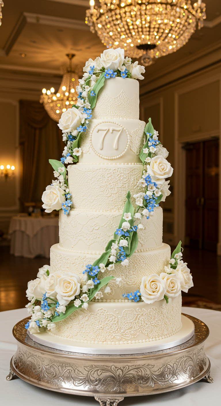 Hohe, mehrstöckige weiße Torte mit aufwendigen Spitzenmustern und einer Kaskade aus weißen Rosen.