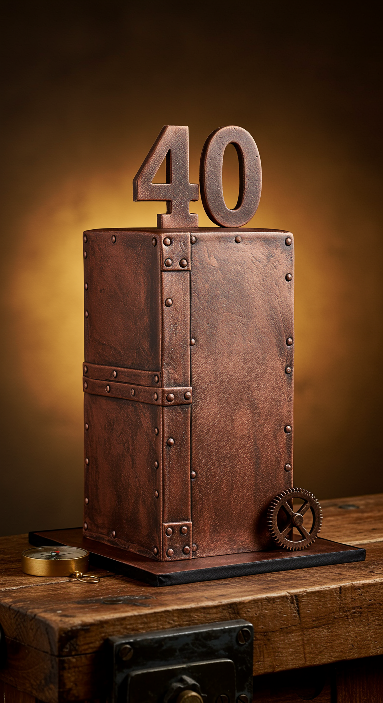 Kupferfarbene quadratische Torte im Industrial-Look mit Nieten und Zahl „40“.