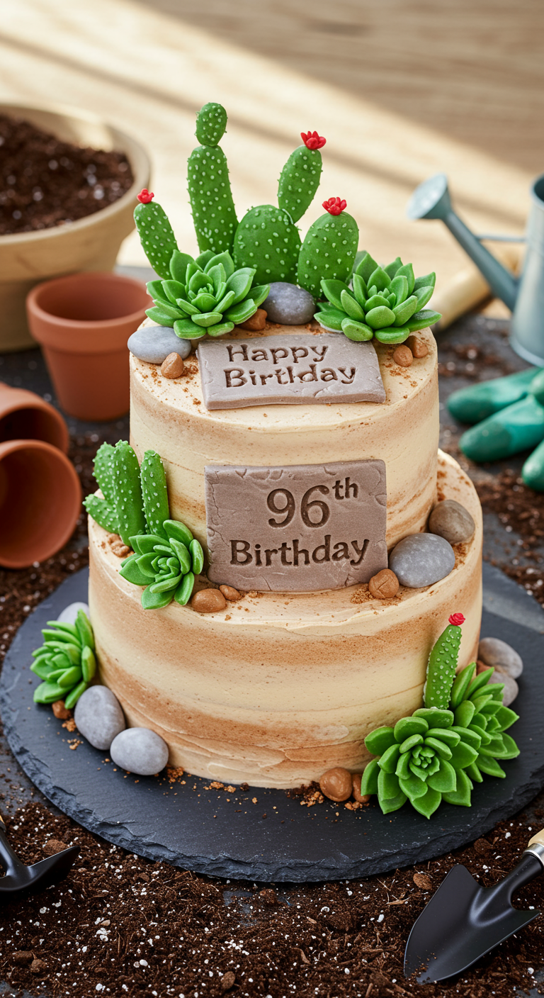 Zweistöckige Torte dekoriert mit Buttercreme-Sukkulenten und Kakteen.