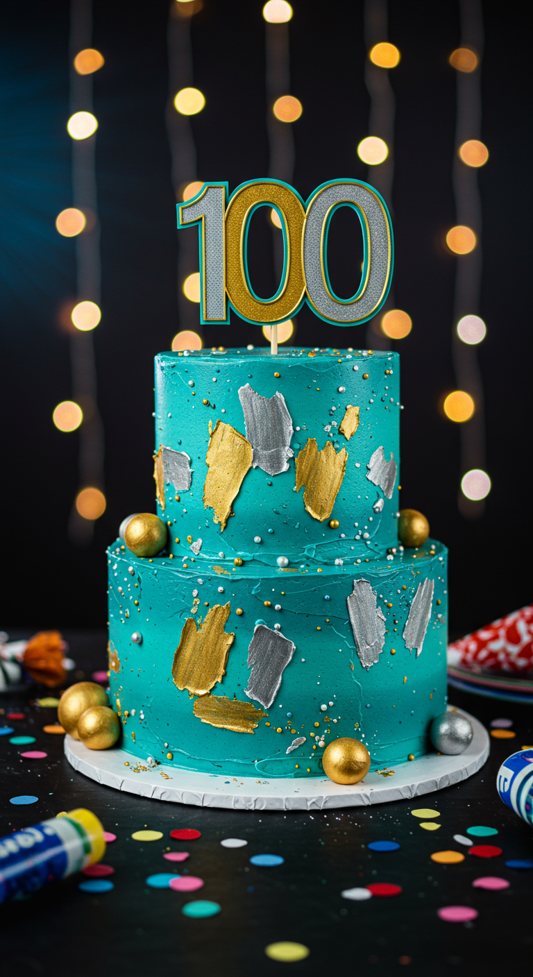 Türkisfarbene zweistöckige Torte mit Gold- und Silberblatt-Akzenten und goldenen Kugeln.
