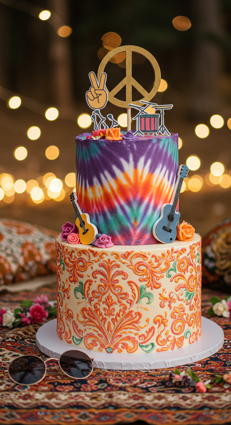 Zweistöckige Torte mit Tie-Dye-Muster oben und orangefarbenen Ornamenten unten