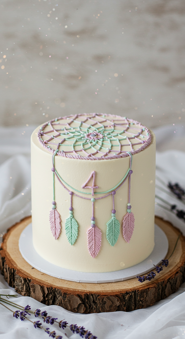 Cremefarbene Torte mit einem aufgespritzten Traumfänger in Pastellfarben.