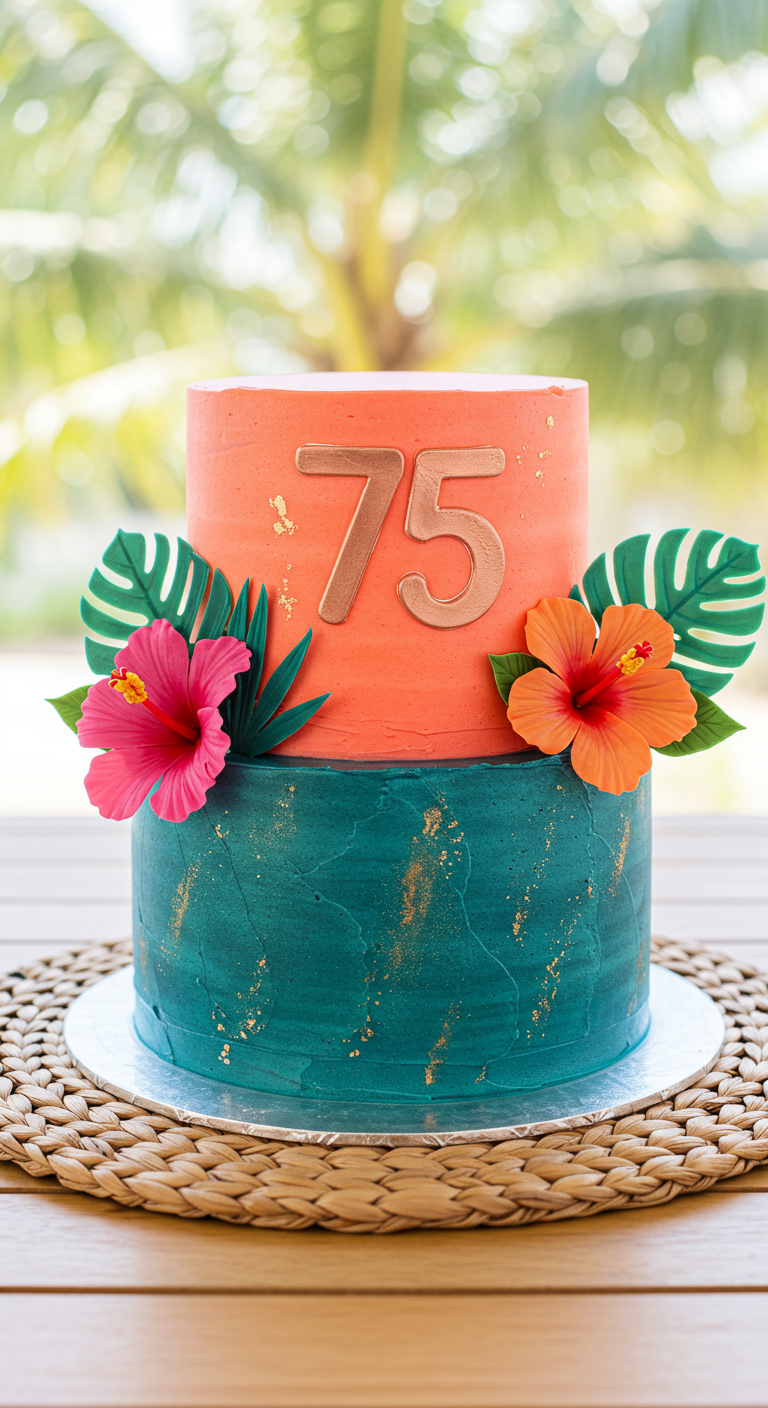 Zweistöckige Torte in Koralle und Türkis mit Hibiskusblüten, Palmblättern und 75-Topper.
