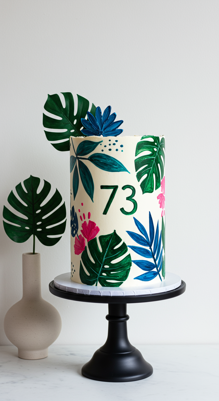 Hohe weiße Torte mit handgemalten tropischen Blättern und grüner Zahl 73.