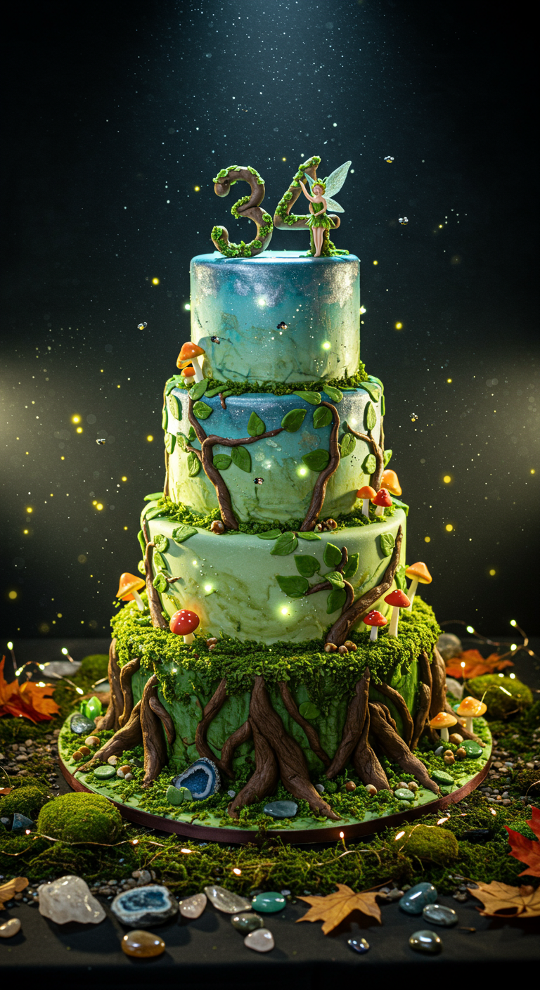 Mehrstöckige Torte als verwunschener Wald mit Moos, Wurzeln, Pilzen und einer Fee-Figur.